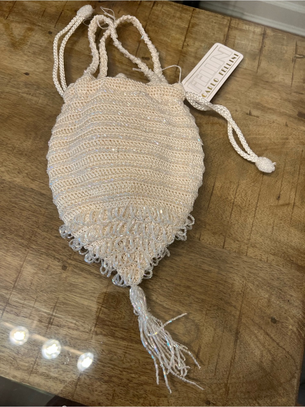 Carlo Fellini Beaded Drawstring Evening Bag in Iridescent Cream off white purse